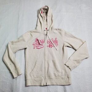 Aeropostale Women Full Zip Hoodie Oatmeal Pink Graphic Logo Y2K Retro Size Small